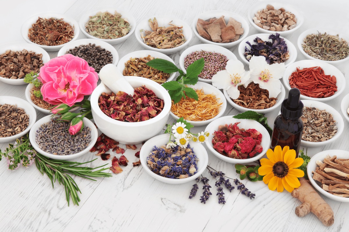 Dried herbs, flowers and spices for tonics and tea blends